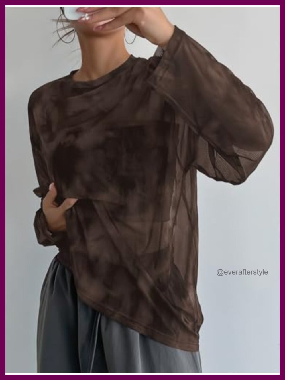 Verdusa Y2K Sheer Mesh Long Sleeve Oversized T-Shirt Women's - Picture 3 of 5